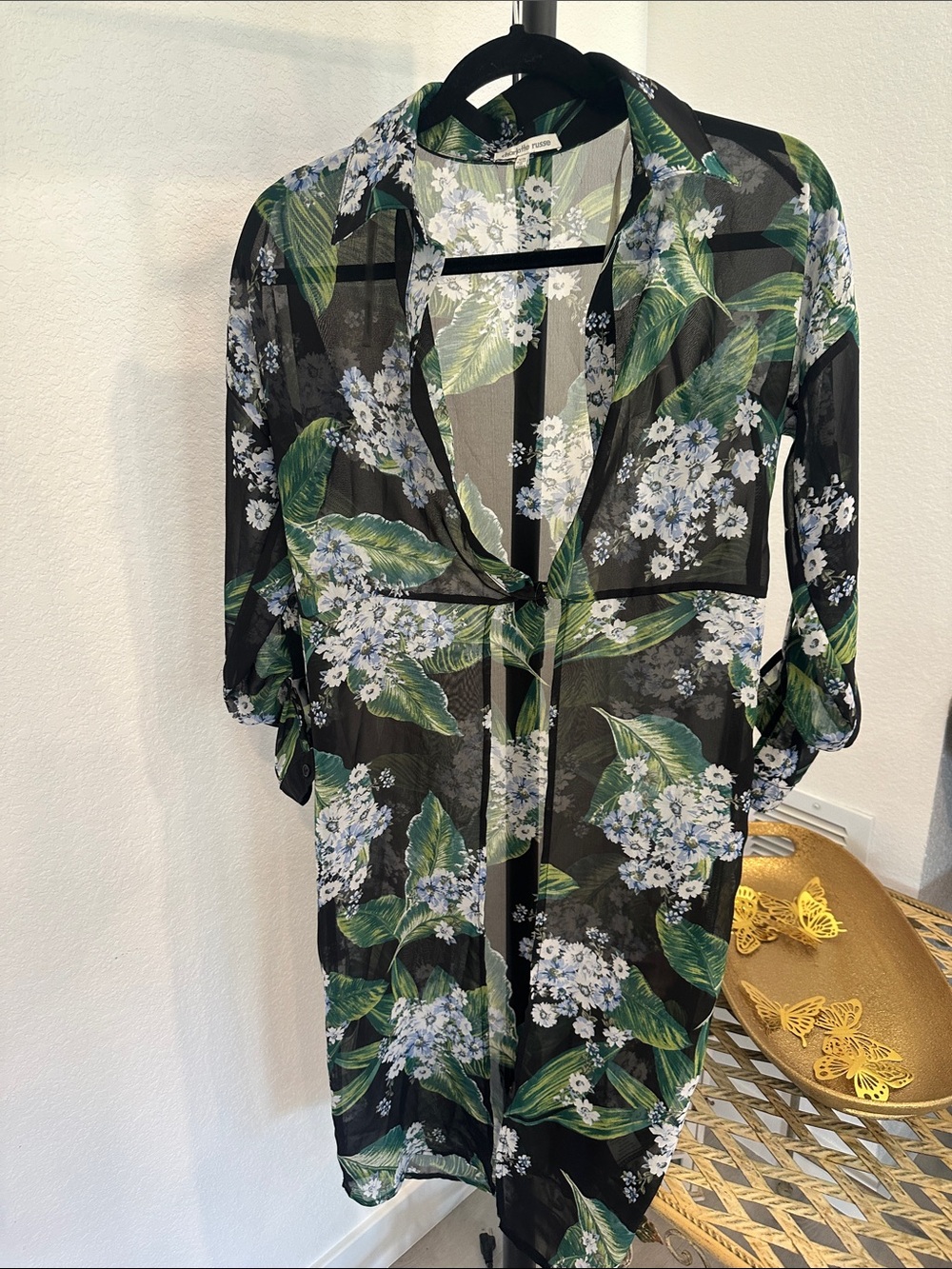 Charlotte Russe Black Sheer Floral Button-Front Cover-Up